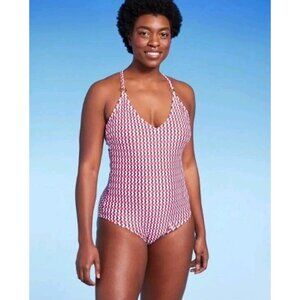 Women's Kona Sol Red Blue Chevron Print One Piece Swimsuit Size 17 NWT